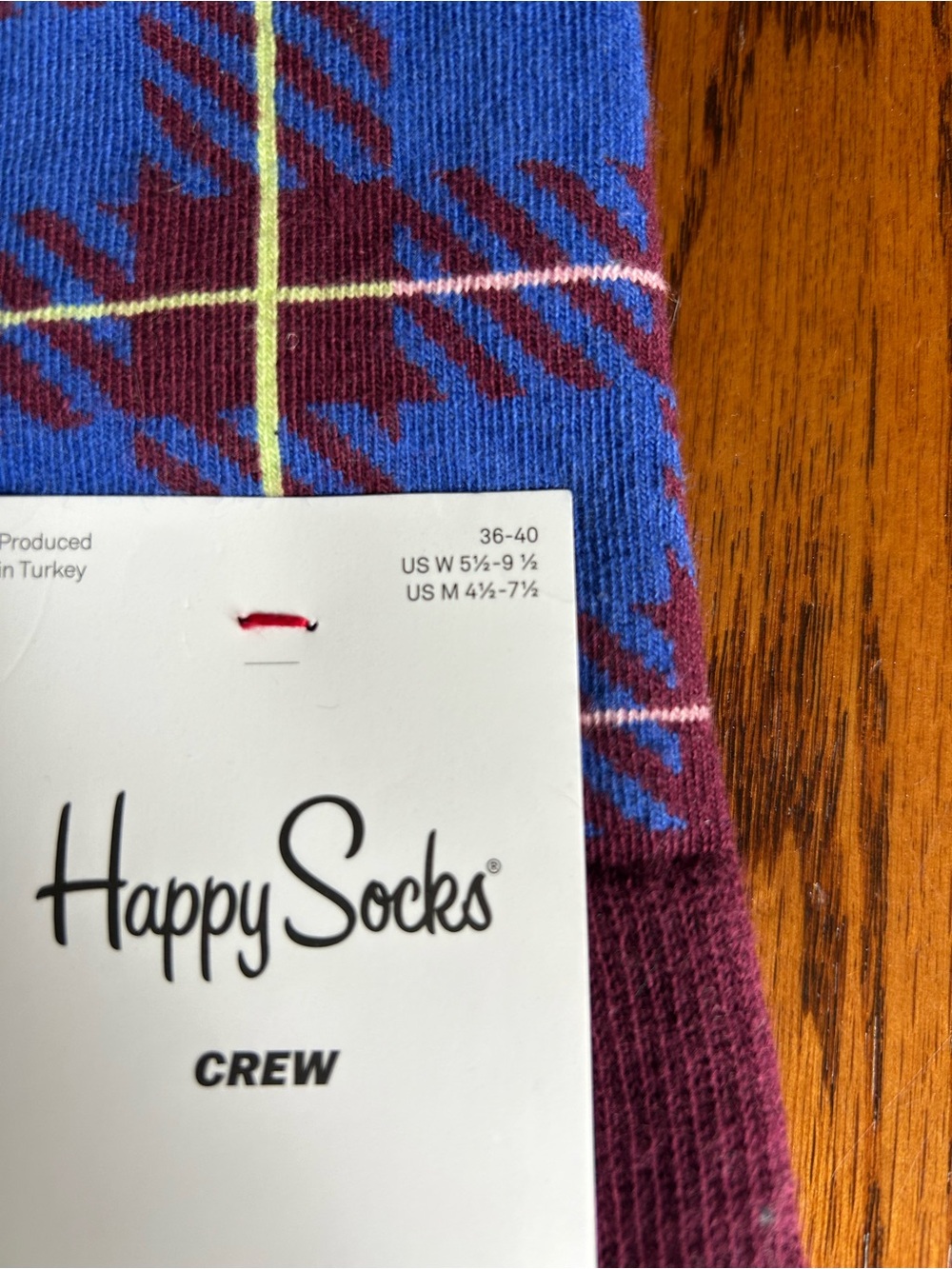 Happy Socks Men’s Crew Socks - Blue & Burgundy Plaid with Yellow Accent